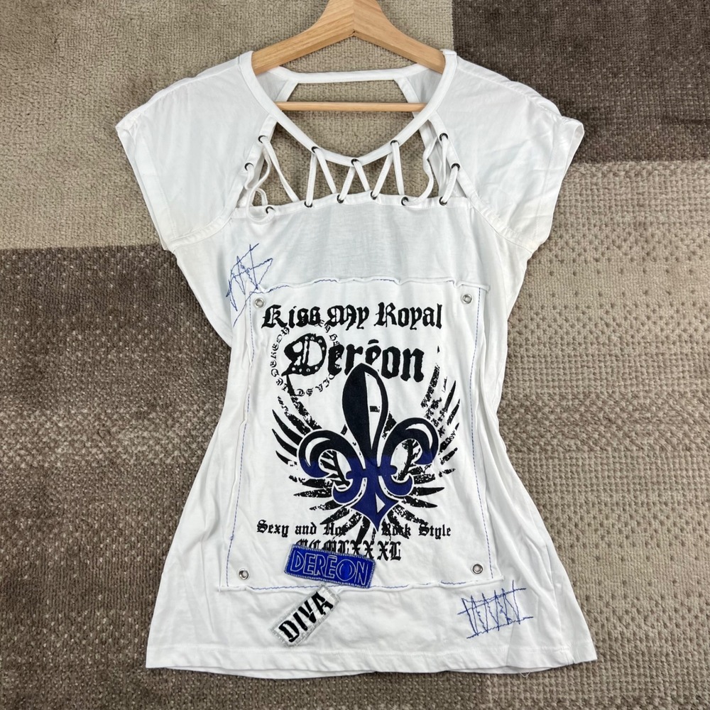 Dereon Womens White Graphic Lace Up Cut Out Diva T-Shirt Large Fleur De Lis Y2K